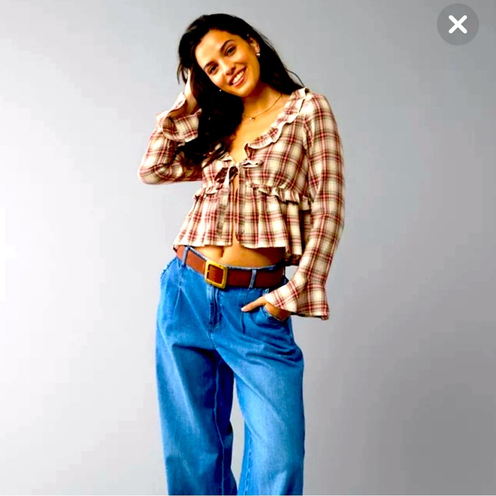 American Eagle Plaid Ruffle Long Bell Sleeve Tie Front Shirt Size Medium